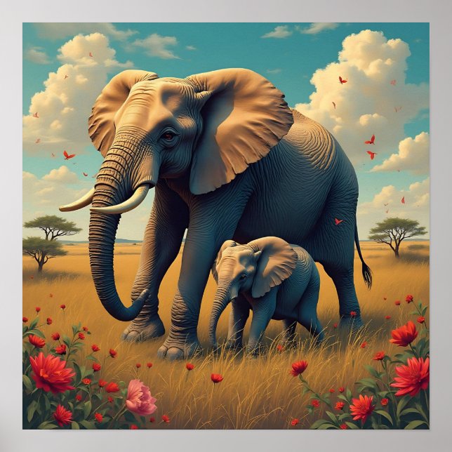 Poster Uma doce mãe sentimental e elefante bebê (Frente)