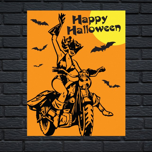 Poster Uma fantasia de gato de moto Feliz Halloween (Criador carregado)