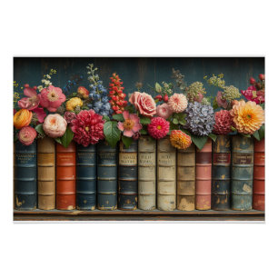 Póster Uma Fileira de Livros e Flores