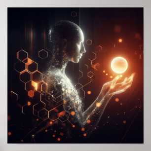 Poster Uma forma de vida digital interagindo com uma esfe