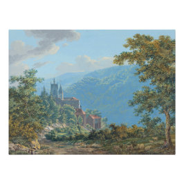 Póster Uma fortaleza numa paisagem de montanha no nascer