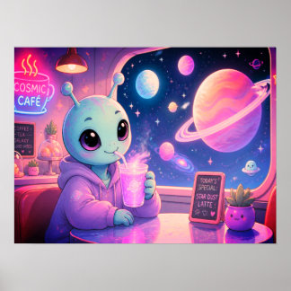 Poster Uma Garota Alienigena Fofa Bebendo Refrigerante no