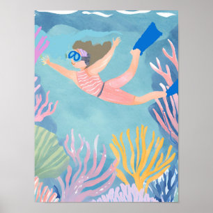 Poster Uma garota fazendo snorkeling no recife