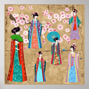 Poster Uma garota oriental em retro figurapanese, chinesa