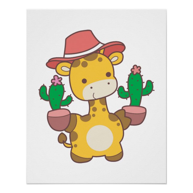 Póster Uma girafa bebê planta o cacto. (Frente)