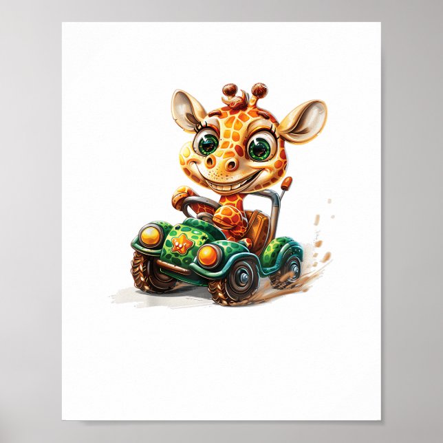 Poster Uma girafa fofa dirigindo um carro na estrada, com (Frente)