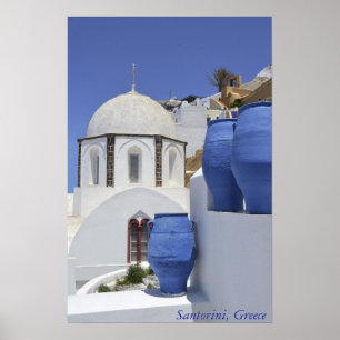 Póster Uma igreja em Santorini, piscina