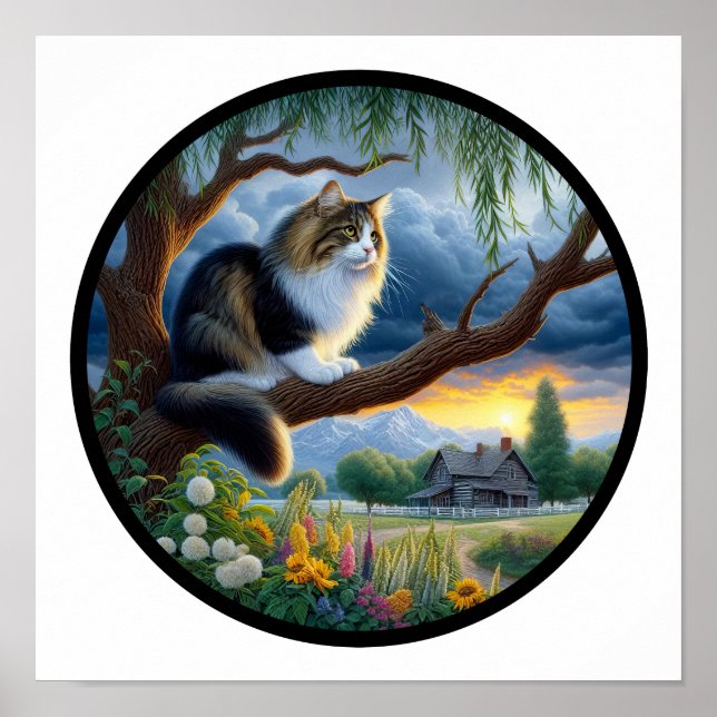 Poster Uma imagem 3D circular de um gato doméstico de pel (Frente)