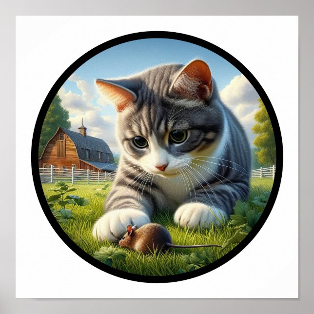 Poster Uma imagem 3D circular de um gato doméstico de pel (Frente)