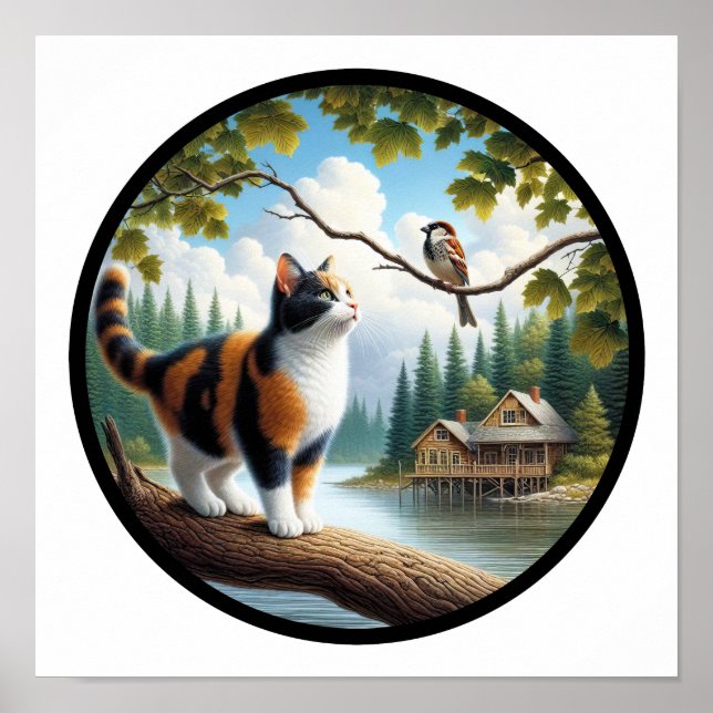 Poster Uma imagem 3D circular de um lindo gato Calico (Frente)
