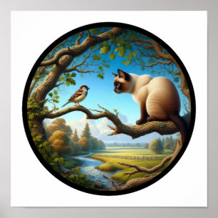 Poster Uma imagem 3D circular de um lindo gato siamês