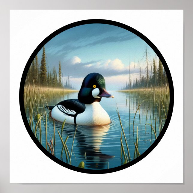 Poster Uma imagem 3D circular de um pato-olhão-comum (Frente)