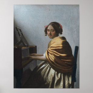 Poster Uma jovem mulher sentada nas Virgens por Vermeer -