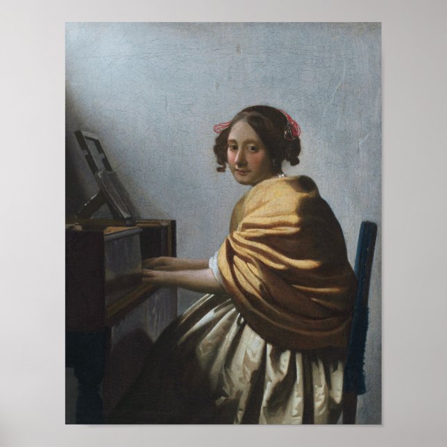 Poster Uma jovem mulher sentada nas Virgens por Vermeer - (Frente)