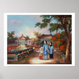 Póster Uma mãe com suas crianças em um jardim chinês, 
