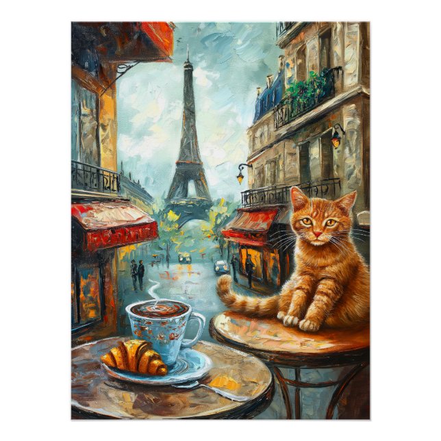 Póster Uma manhã em Paris | Ginger Cat em um café (Frente)