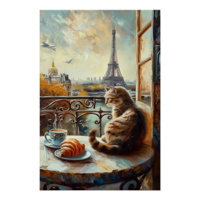 Póster Uma manhã em Paris | Ginger Cat em um café (Frente)