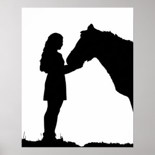 Poster Uma Menina e Seu Cavalo Adoram Arte Silhueta