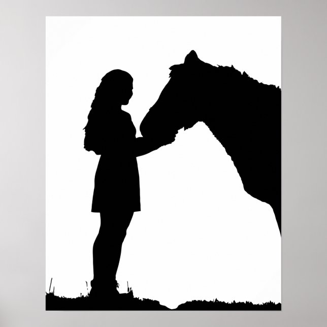 Poster Uma Menina e Seu Cavalo Adoram Arte Silhueta (Frente)