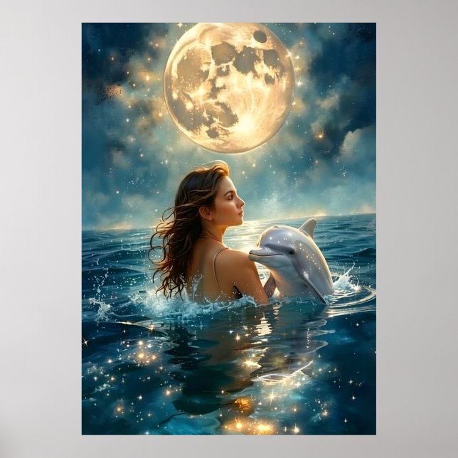 Poster Uma menina e um golfinho bebê nadam no mar (Frente)