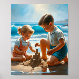 Poster Uma Menina e um Menino Construindo um Castelo de S