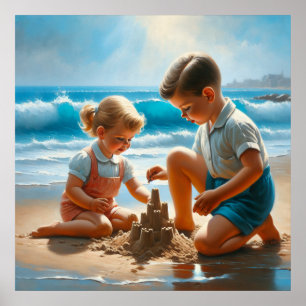 Poster Uma Menina e um Menino Construindo um Castelo de S