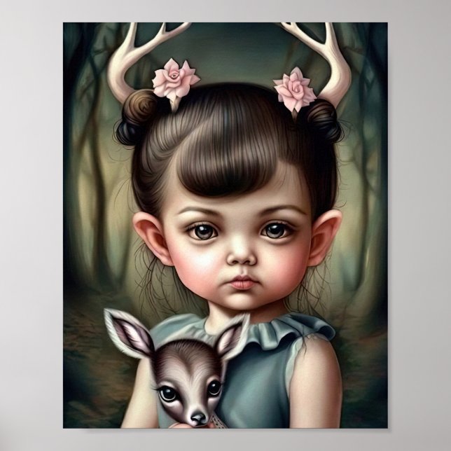 Poster Uma menina segurando um veado em seus braços (Frente)