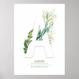 Poster Uma Monograma de Letra Dourada Folhagem Chic