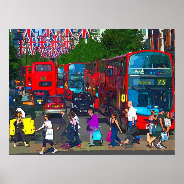 Poster Uma movimentada Oxford Street com compradores e ôn (Frente)