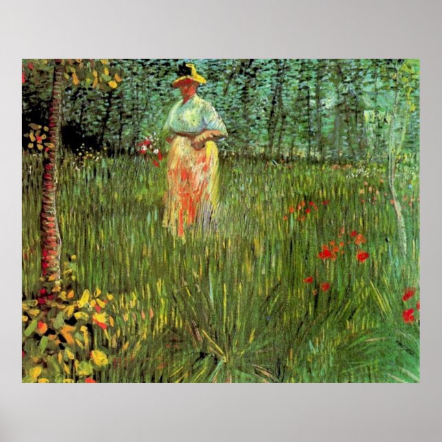 Póster Uma mulher caminhando em um jardim (Frente)