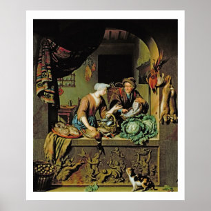 Póster Uma mulher e um Peddler dos peixes, 1713 (óleo no