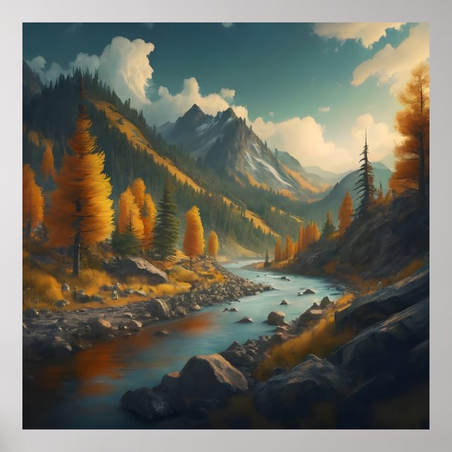 Poster uma paisagem de queda com árvores, montanhas e um  (Frente)