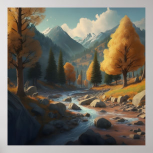 Poster uma paisagem de queda com árvores, montanhas e um