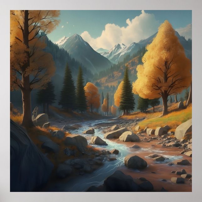 Poster uma paisagem de queda com árvores, montanhas e um  (Frente)
