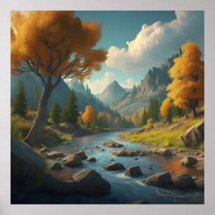 Poster uma paisagem de queda com árvores, montanhas e um