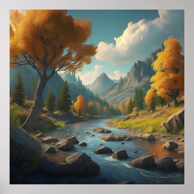 Poster uma paisagem de queda com árvores, montanhas e um  (Frente)