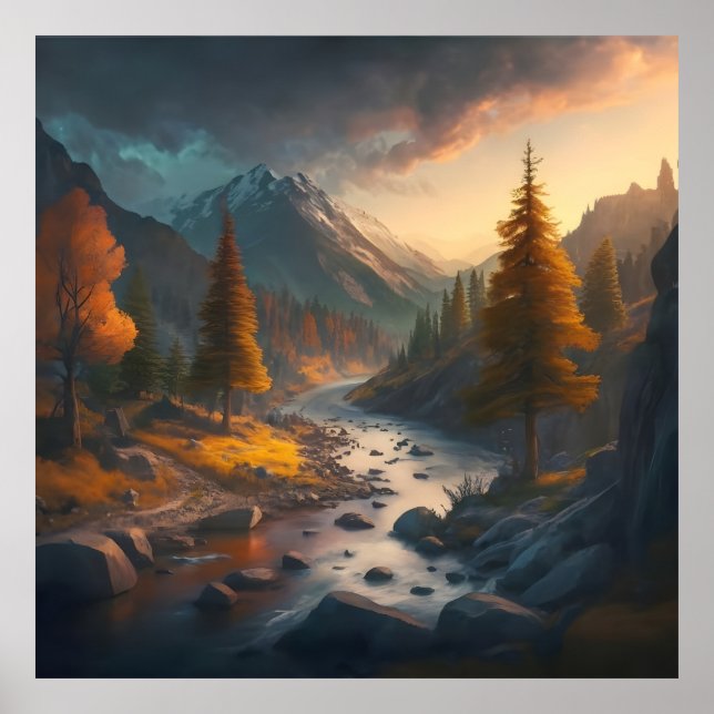 Poster uma paisagem de queda com árvores, montanhas e um  (Frente)