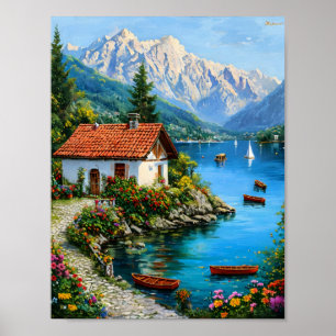 Poster Uma pequena casa ao fundo de um lago montanhoso