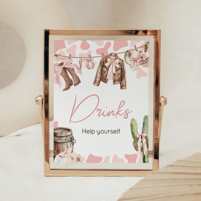 Poster Uma Pequena Chá de fraldas De Cowgirl Bebe (A Little Cowgirl Clothesline Baby Shower Drinks Sign)