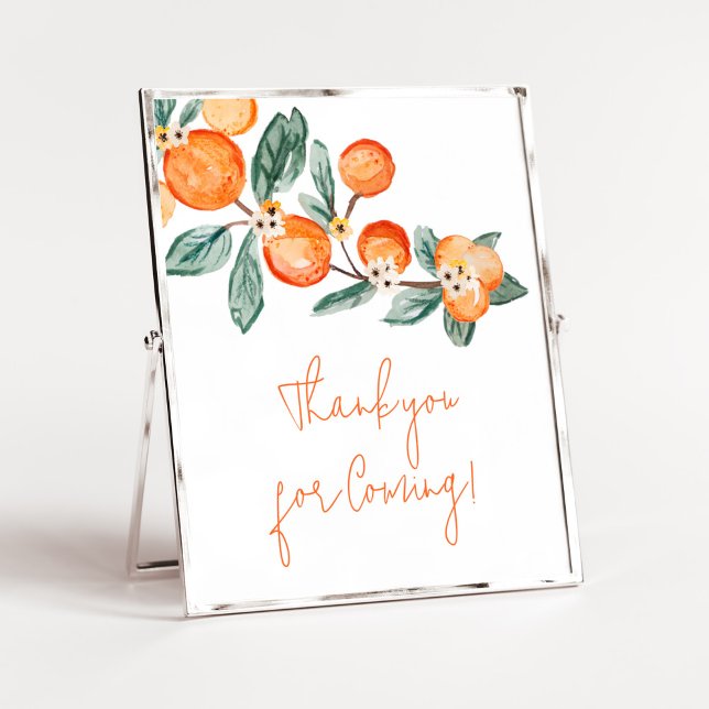 Poster Uma pequena utilidade no caminho laranja Obrigado  (A Little Cutie is on the Way Baby Shower Thank You for Coming Sign)