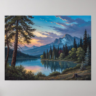Poster Uma pintura de um lago de montanha e árvores ao an