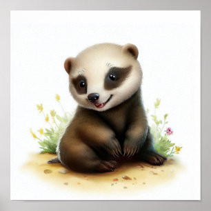 Poster Uma pintura em aquarela 3D de um Badger de Mel Bon
