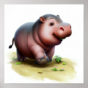 Poster Uma pintura em aquarela 3D de um Hippopotamus fofo