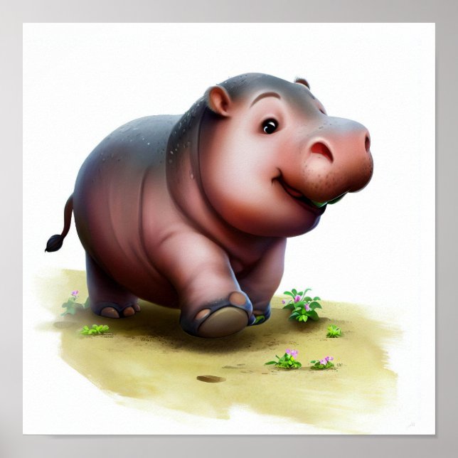 Poster Uma pintura em aquarela 3D de um Hippopotamus fofo (Frente)