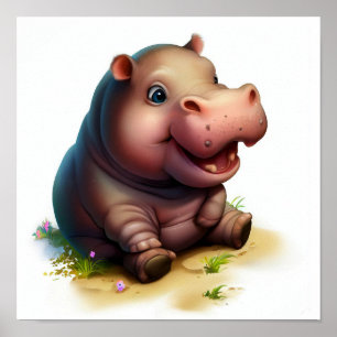 Poster Uma pintura em aquarela 3D de um Hippopotamus fofo
