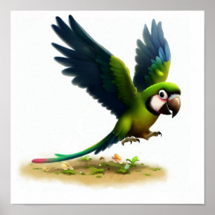 Poster Uma pintura em aquarela 3D de uma Macaw Verde Exce