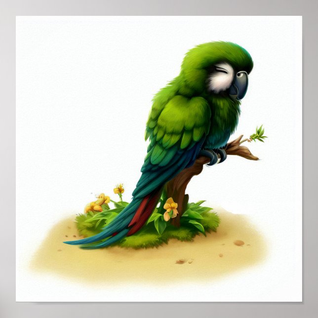 Poster Uma pintura em aquarela 3D de uma Macaw Verde Exce (Frente)