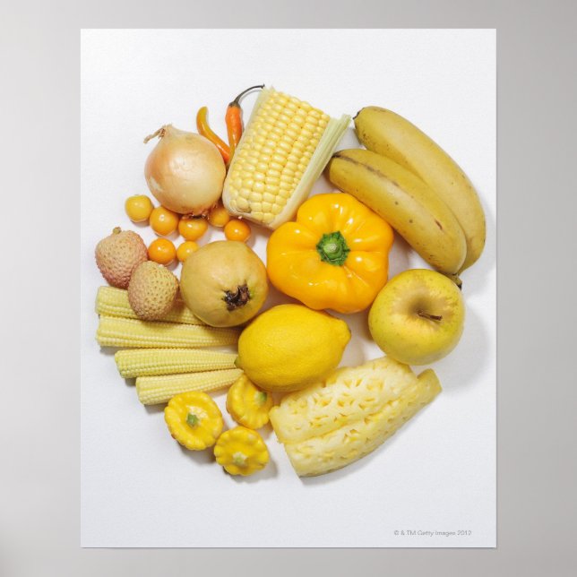 Póster Uma seleção de frutas e legumes amarelos. (Frente)
