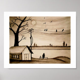 Poster Uma Solitário no Desenho do Pôr do Sol.