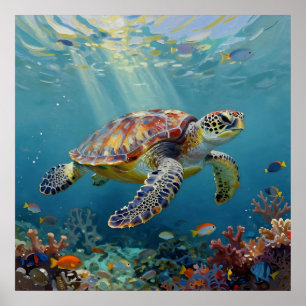 Poster Uma Tartaruga Marinha e Raios de Sol no Oceano Azu